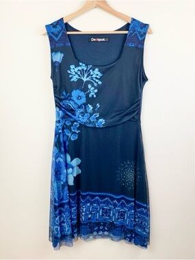 Y2K Desigual Blue Floral Scoop Neck Sleeveless Dress